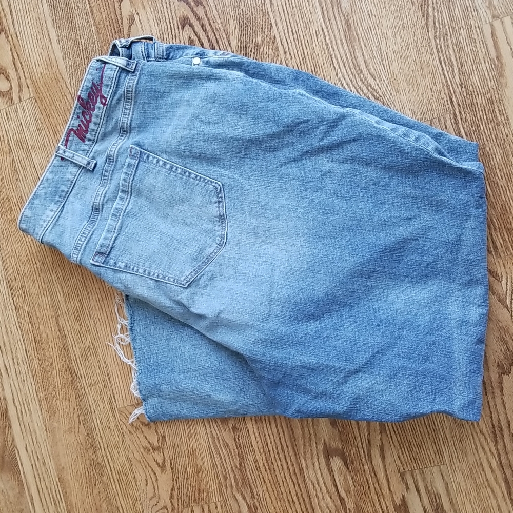 (24) Disney Mickey Mouse Light Wash Cotton Blend Cut Off Denim Jeans Raw Hem